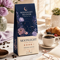 Sachet de café personnalisé imprimé avec soufflet latéral, qualité alimentaire, finition mate, valve, matériau composite PET+VMPET+PE