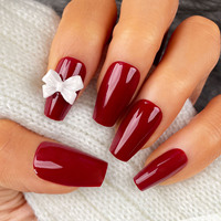 Uñas postizas de calidad profesional, color rojo sólido, con lazo blanco 3D, forma ataúd, brillantes, reutilizables, para tiendas de belleza.