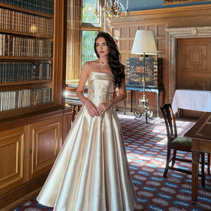 स्ट्रैपलेस सैटिन सोने की बेडेड बॉडी बॉडी बॉडी फ्लेयर्ड फ्लोर लंबाई सुरुचिपूर्ण औपचारिक महिला शाम की गेंद पोशाक - Product Image 3