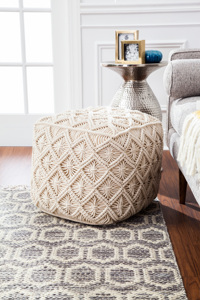 Puf Otomano de Piso Moderno, Tejido a Mano, de Algodón, Estilo Cable, con Mechones, Color Marfil, para Oficina en Casa - Product Image 6