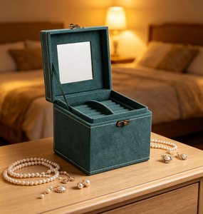 Boîte à bijoux en velours vert avec miroir, petite boîte de rangement carrée pour bijoux avec serrure, boîte de rangement portable pour boucles d'oreilles et bagues pour femmes - Product Image 3