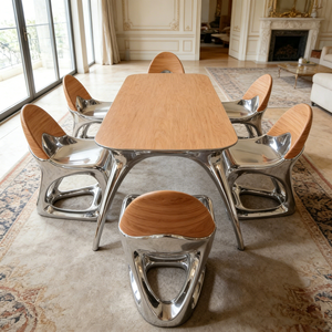 Set da Pranzo Moderno con Tavolo Elegante in Legno e Base in Metallo Argento per Ville e Appartamenti di Lusso - Product Image 2