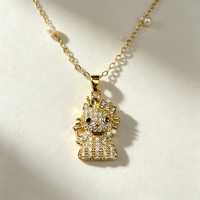 Collier pendentif mignon plaqué or 18 carats avec zircon incrusté et chaîne de perles, bijou chat de dessin animé, cadeau pour filles et femmes, usage quotidien
