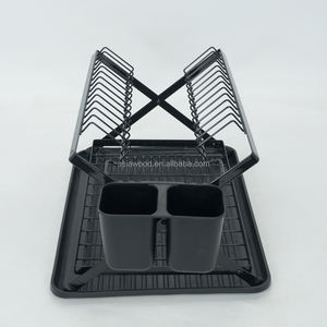 מתכת מעל כיור מטבח מתלה אחסון X מתקפל 2 קומות מתלה כלים ייבוש כלים עם מתלה ניקוז מגש ניקוז - Product Image 3