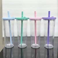 Gobelets en acrylique de 24 oz avec trou pré-percé, tasses en plastique à double paroi avec paille à boba, bouteille d'eau avec couvercle anti-fuite