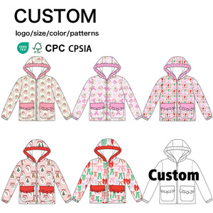 Chaqueta cortavientos con capucha y cremallera completa para niñas, con ribete de volantes y bolsillos, de poliéster, para niños, con logotipo personalizado, color y talla personalizables. - Product Image 1
