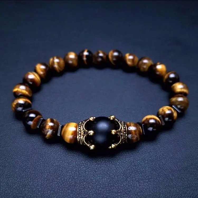 Mode Baru Gelang Manik-manik Mahkota Batu Alami Mata Harimau Lava Lapis Charm untuk Pria Gelang Manik-manik Batu Permata