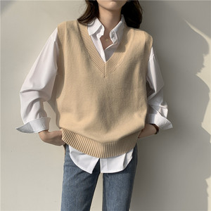 Nouveau <span class=keywords><strong>Gilet</strong></span> Pull sans Manches en Tricot Col V Ample Style Coréen Décontracté Couleur Unie pour Femme 2026 - Product Image 4