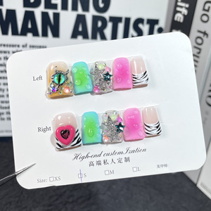 Tszs Leopard Prin Màu Hồng Pháp Nail Mẹo Y2K Phong Cách Vịt Ngắn Handmade Báo Chí Trên Móng Tay Với Gai Thiên Thần Hoa Charms Thạch - Product Image 5