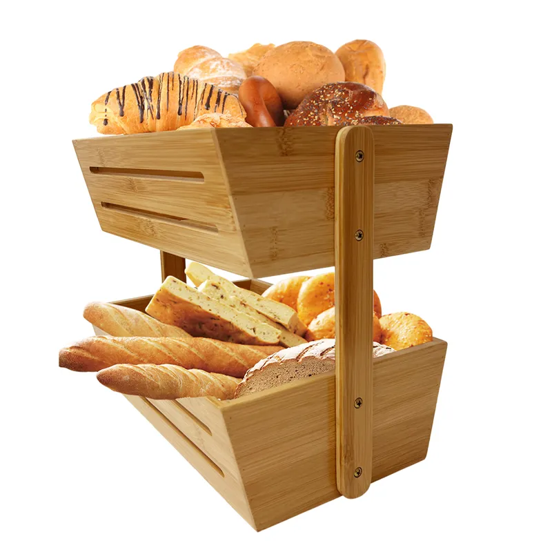 Wholesale 2 tier table square decorative vegetable rack kitchen metal wooden bamboo fruit storage basket with banana hanger