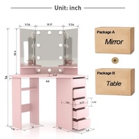 Moderner Rosa Luxus-Eck-Wandspiegel mit LED-Beleuchtung, Schminktisch mit 5 Schubladen, Hocker und Ablage