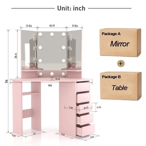 Moderne Rose Femmes De Luxe Mur D'angle LED Miroirs Cabinet Vanité Maquillage Vanités Bureau Coiffeuse avec 5 Tiroirs Tabouret Étagère