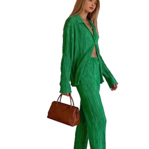 Conjunto de Dos Piezas para Mujer, Pantalones Plisados con Corte Acampanado, Manga Larga, Ropa Cómoda para el Hogar, Estilo Banquete, Corte 3D, Color Sólido - Product Image 5