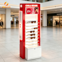 Stand Display Kacamata LED Merah Custom Branded dengan Rak & Kabinet Terkunci untuk Mal