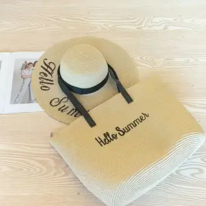 Summer Handmade Straw Sun Hats bag gift set Girls Natural Raffia Panama Ladies Hat Beach Floppy hat with bag set