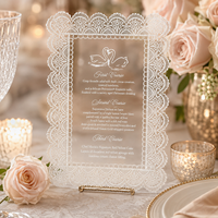 Carte de menu de mariage personnalisée en acrylique avec bordure en dentelle, imprimée UV, panneau de menu transparent en acrylique pour la décoration de table de réception de mariage