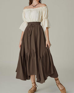 Falda Larga <span class=keywords><strong>de</strong></span> Verano para <span class=keywords><strong>Mujer</strong></span>, Estilo Bohemio, Cintura Alta, con Volantes, Cintura Elástica con Cordón, Color Sólido, Estilo Línea A - Product Image 2