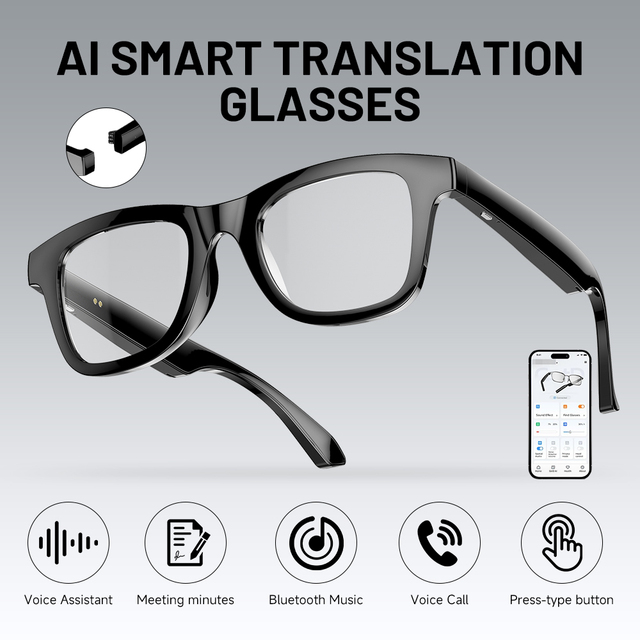 New Replaceable Frame Real Time Translation Dual Microphone Voice Function AI Smart Glasses