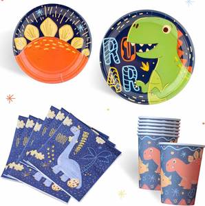 144 Piezas de Artículos para Fiesta de Cumpleaños de Dinosaurios para Niños con Platos, Cuchillos, Cucharas, Tenedores, Vasos y Servilletas para 24 Personas - Product Image 1