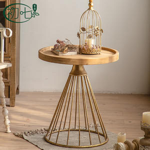 Mesa de centro americana retro de madera maciza con base de hierro forjado, mesa auxiliar redonda para decoración de sala de estar o dormitorio A2220 - Product Image 2