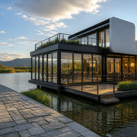 Maison mobile moderne en structure flottante en acier, hôtel-villa sur l'eau avec verrière panoramique