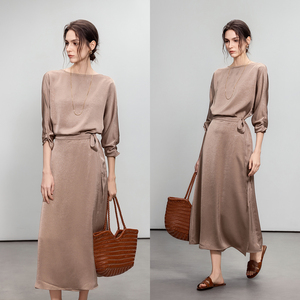 Demana Elegant Satin Dress Women Spring Autumn Three Quarter Sleeve Fitted Waist Wrap Midi Skirt - Product Image 2