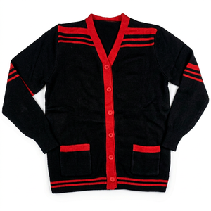 Cárdigan Negro y Rojo con Cuello en V para Mujer, Manga Larga, Cierre de Botones, Estilo Preppy, Ropa de Otoño, Suéter Tejido 100% Acrílico - Product Image 1