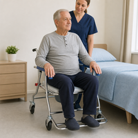 Chaise de toilette roulante, capacité de charge 90 kg, en alliage d'aluminium, dossier bleu, accoudoirs, pour personnes âgées, sécurité dans la salle de bain