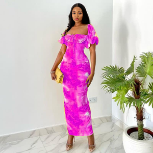 Robes d'été décontractées pour femmes, tendance, à manches bouffantes, imprimées tie-dye jaunes, taille haute, mode - Product Image 3