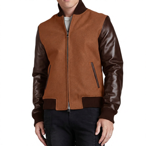 Chaqueta Bomber Gris para Hombre con Mangas de Cuero PU Negro, Cuello Alto, Cierre de Cremallera, Prenda Informal para Invierno - Product Image 4
