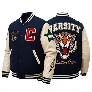 Veste universitaire personnalisée pour homme, bleu marine et beige, avec logo de tigre brodé, lettre C, style preppy, longueur standard, en coton. - Product Image 1