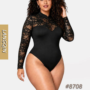 Wholesale Custom Plus Size <b>Black</b> <b>Lace</b> Shapewear <b>Bodysuit</b> Women <b>Long</b> <b>Sleeve</b> Mesh Waist Trainer Tummy Control Body Shaper - Product Image 1
