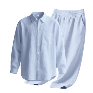 Completo da <span class=keywords><strong>Uomo</strong></span> in <span class=keywords><strong>Lino</strong></span> 2 Pezzi: Camicia a Maniche Lunghe con Colletto Rovesciato + Pantaloni Lunghi Larghi, Outfit Casual da <span class=keywords><strong>Spiaggia</strong></span> per l'Autunno, Disponibile in 8 Colori - Product Image 6