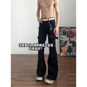 Spring Black Vibe Lace-Up Flared Cargo Jeans for Men Cleanfit American High Street <b>Pencil</b> Pants High Waist <b>Color</b> Blocking Denim - Product Image 2