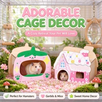 Rumah Hamster Kayu Semi Tertutup Motif Gingerbread Stroberi, Sarang Hewan Peliharaan Kecil yang Nyaman, Grosir, Supplier OEM ODM