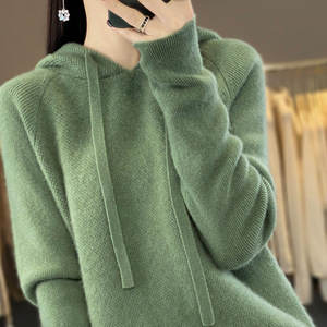 2025 fábrica al por mayor 100% suéter de punto de lana para mujer Color sólido con capucha logotipo frontal primavera Fondo chica diseño - Product Image 2