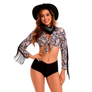 Women's Snakeskin Western Costume Black Hat Scarf Top Shorts Stage Performance Adult Halloween Cosplay Outfit - Product Image 1