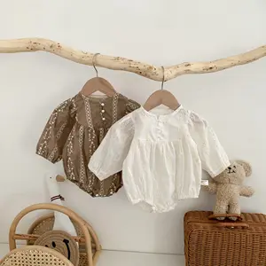 Macacão plissado de algodão orgânico para meninas, venda no atacado, macacão de bebê recém-nascido, peça única