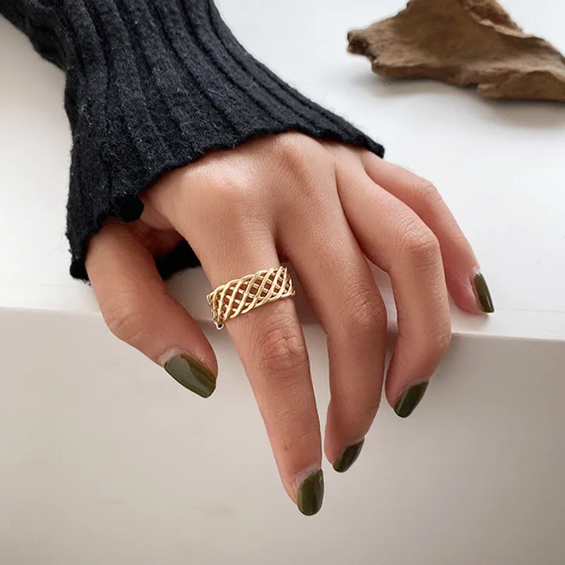 Anillos de oro de cadena multicapa para mujer, 2 diseños, anillos geométricos de malla hueca para mujer, joyas apilables minimalistas, joyería Vintage 2019