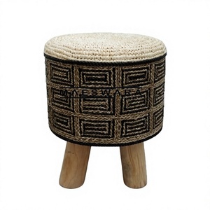 <b>STOOL</b> MOZAIK 2 Luxury Handmade Seagrass and Sisal Woven Round Storage <b>Stool</b> with Solid Wood Legs Boho Ottoman Furniture - Product Image 3