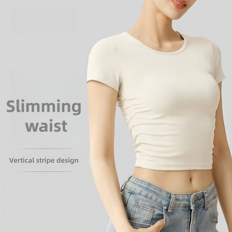 Striped Sports Short-Sleeve Slim Fit T-Shirt Womens New Breathable Fitness Summer Yoga Top