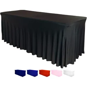 White Rectangle Polyester Banquet Elastic Stretch Table Cover Outdoor Ruffled Spandex Wedding Table Skirt