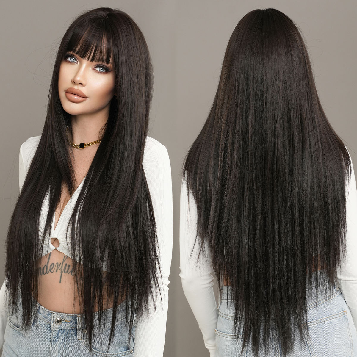34 Inch Natural Black Wig with Bangs Long Straight Wig