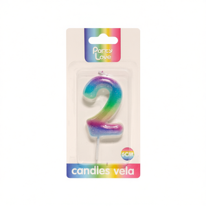 Candela Numero 2 per Feste, 6cm, con Glitter Arcobaleno, Candele per Compleanno - Product Image 3