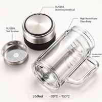 Mug à thé en verre borosilicate à double paroi de 350 ml avec logo personnalisé, avec poignée, couvercle en acier inoxydable et infuseur amovible pour la maison et le bureau
