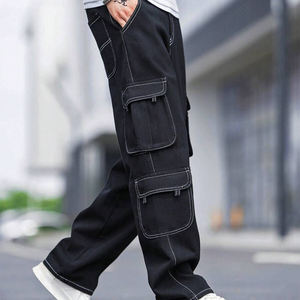 جينز رجالي مكدس عالي الجودة للرجال فضفاض مناسب من الدنيم بسحاب فلاي كارجو جينز أسود مستقيم للرجال - Product Image 5