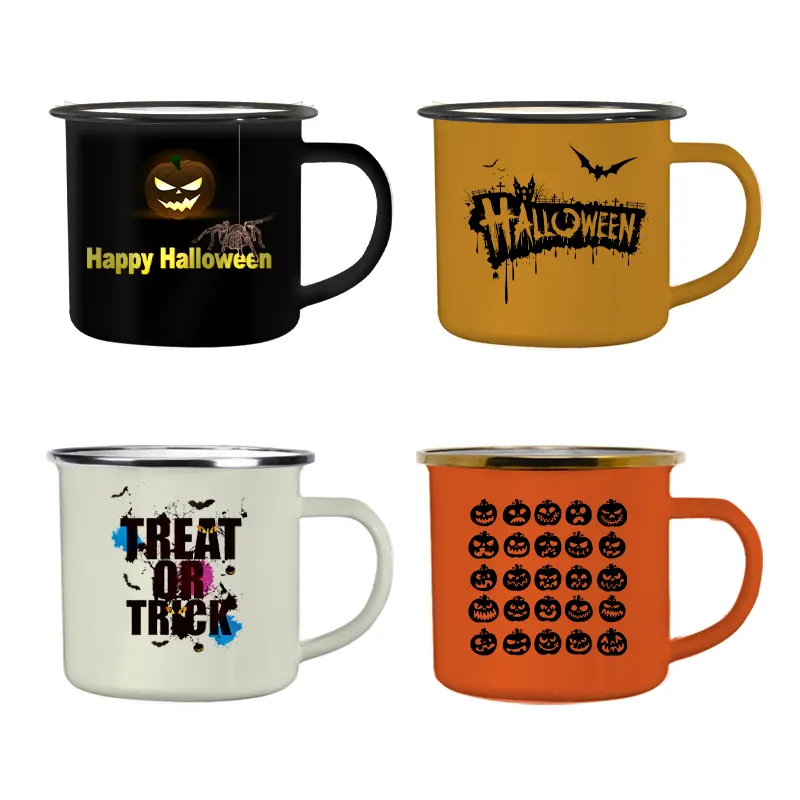 Logo personnalisé 7 8 9 cm 7/12/16 oz Halloween noir jaune réutilisable feu de camp métal étain tasse émail camping tasse jante acier