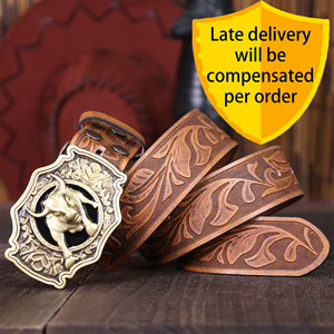 Ceinture en cuir véritable pour homme, style western punk vintage, personnalisable avec logo, ornée de perles en forme de tête de vache - Product Image 1