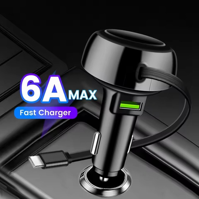 66W Car Charger Fast Charging USB Car Charger With Retractable Type C Cable Multi-Function Car Charger for Xiaomi Samsung Huawei