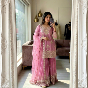 Pink Embroidered Traditional Indian Pakistani Women's Anarkali Suit With <b>Dupatta</b> Floor-Length Wedding Dress Regular Fit - Product Image 1
